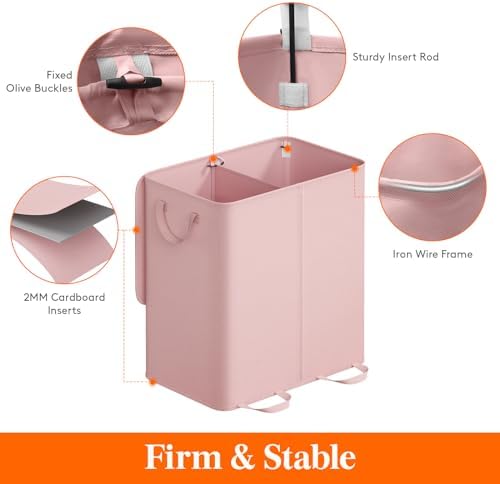 Lifewit Double Laundry Hamper with Lid, Removable Laundry Bags, Pink - Image 2