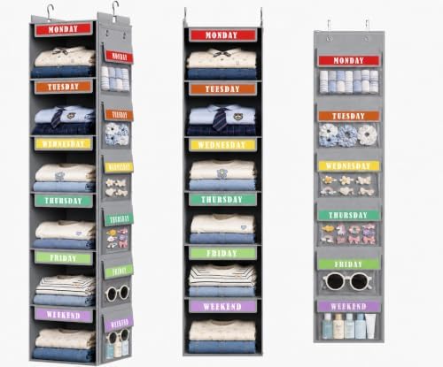 DIMJ Hanging Closet Organizer 2 in 1 - Weekly Clothes Organizer for Kids Over the Door Organizer 6-Shelf Daily Monday Friday Weekend Hanging Shelves, for School Outfits, Baby Clothes, Grey by DiMJ