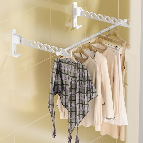 Dr.DJ Wall Mount Coat Hanger Holder White Clothes Drying Organizer Rack Garment Hooks Aluminium Retractable Folding Indoor Wall Mounted Hanger for Laundry Room Bedroom White 2Pack with 80cm Rod by DrDJ