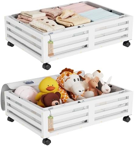 Under Bed Storage with Wheels-Large Bamboo Underbed storage Containers with Large Dust Bag Stackable Under the Bed Shoe Storage Bins for Clothes Books Bedding (2 Packs White, 23.62"L×16.54"W× 6.51"H) by Xadgve