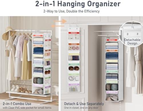 DIMJ Weekly Clothes Organizer for Kids - 2 in 1 Hanging Closet Organizer 6-Shelf Daily Monday Friday and Weekend Hanging Shelf Over the Door/Closet, for School Outfits for Girls/Boys, White - Image 5