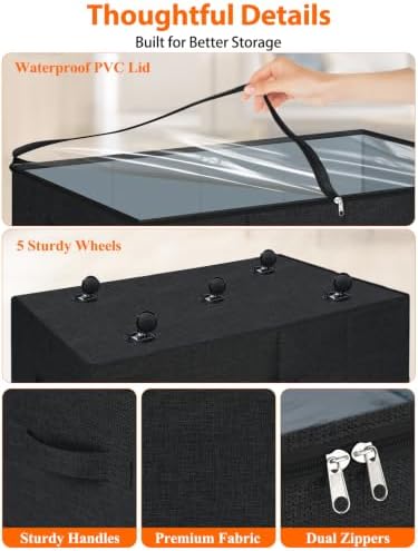 punemi 10" Tall 75L Under Bed Storage Bins with Wheels, Rolling Storage Bin | Clear Lids,360° Wheels,for Clothes, Shoes, Blankets & Bedding, Closet, Shelf & Dorm Organization，2-Pack, Black - Image 6