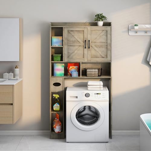 Vabches Over The Toilet Storage Cabinet with 2 Barn Doors, Grey - Image 4