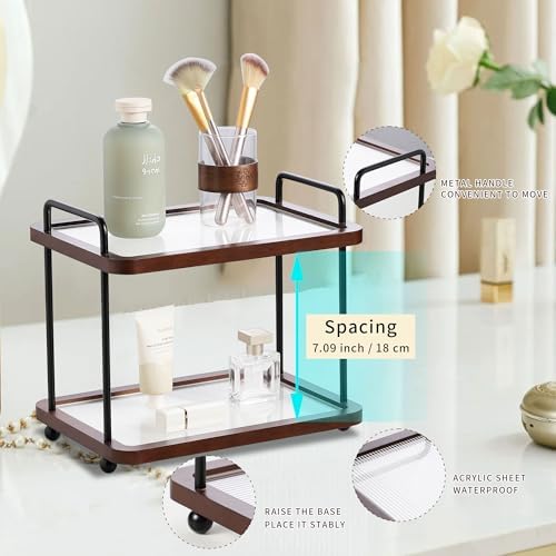 2-Tier Bathroom Counter Organizer with Transparent Stripe Acrylic Shelves, Brown Wood Frame and Black Metal Support, Rustproof Vanity Storage Rack for Skincare Cosmetics and Toiletries - Image 4