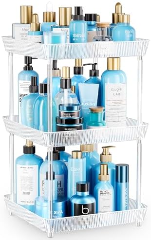 3 Tier Lazy Susan Bathroom Countertop Organizer, 360° Clear Rotating Square Storage Tray, Cosmetics and Perfume Organizer, Spinning Storage Tray Vanity Organizer Shelf for Bathroom Cabinet, Kitchen by Acina