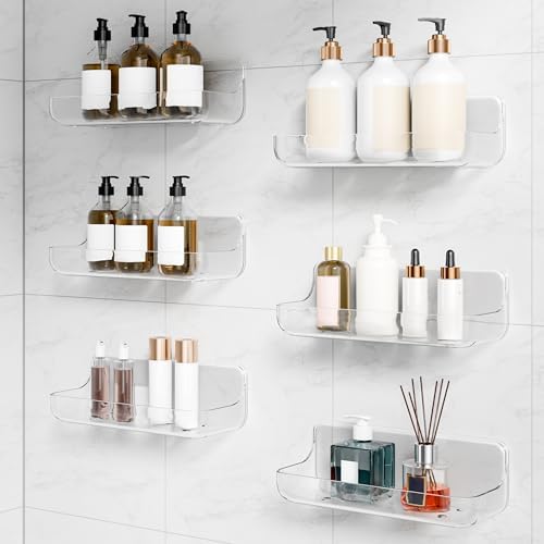 Adhesive Bathroom Shelves, 6 Pack Acryilc No Drill Stick on Shelf by Kawfle