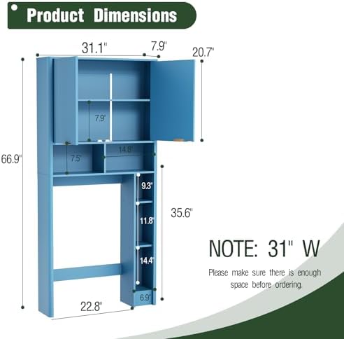 AKMAKM 31" W Over the Toilet Storage Cabinet with Fluted Door, Blue Bathroom Organizer with Adjustable Shelf, Toilet Paper Holder Stand Wave Door for Restroom, Laundry Room - Image 2
