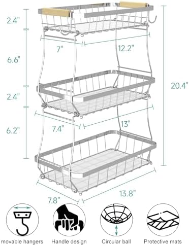 Sevenblue 3-Tier Fruit Basket with Banana Hangers, Detachable Metal Bowl - Image 2