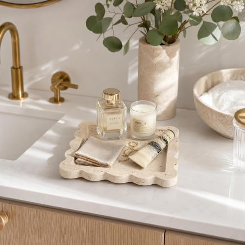 Decorative Scalloped Tray - Beautiful Travertine Stone Inspired 8"x8" Vanity Tray for Jewelry, Perfume and Trinkets - The Perfect Resin Decor Accent for Any Bathroom, Nightstand & Marble Coffee Table - Image 2