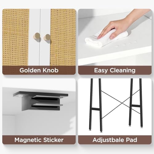 Rattan Over The Toilet Storage Cabinet, Bathroom Organizers and Storage Over Toilet with Rattan Door and Metal Stand, Tall Storage Shelves Above Toilet, Wood Rack for Restroom, Laundry, White - Image 3