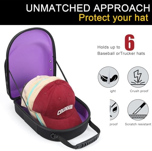 GERMUN Hard baseball hat case, Hat Carrier Travel Case with Adjustable Shoulder Strap, Hat cap case for 6 Baseball Caps - Perfect for Traveling & At-Home Storage (Black with Purple) - Image 2