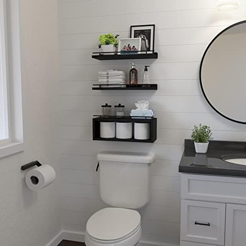 WOPITUES Floating Shelves for Wall with Cube Shelf, Wall Shelves with Metal Rail for Bathroom Decor, Bathroom Organizers and Storage, Over Toilet Shelves for Toilet Paper-Black - Image 4