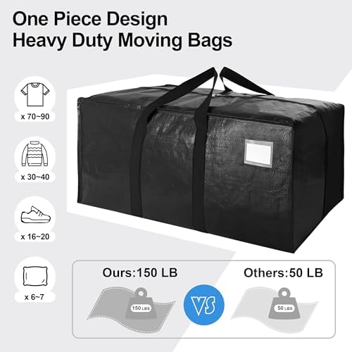 6 Pack Heavy Duty Extra Large Moving Bags W/Backpack Straps - Strong Handles & Zippers, Storage Totes For Space Saving, Fold Flat, Alternative to Box and Bin (40 gal, Black) - Image 5