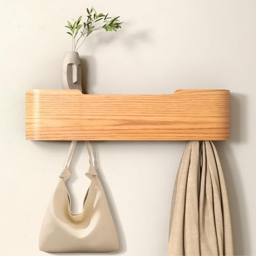 Wall Mounted Coat Rack with Shelf, Wooden Entryway Organizer with Hidden Metal Hooks for Hanging Coats Bags Keys, Modern Floating Shelf for Hallway Bathroom by VERASCOT