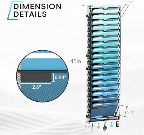 20-Tier Wall File Organizer and Mail Organizer with 5 Hooks, Black - Image 3