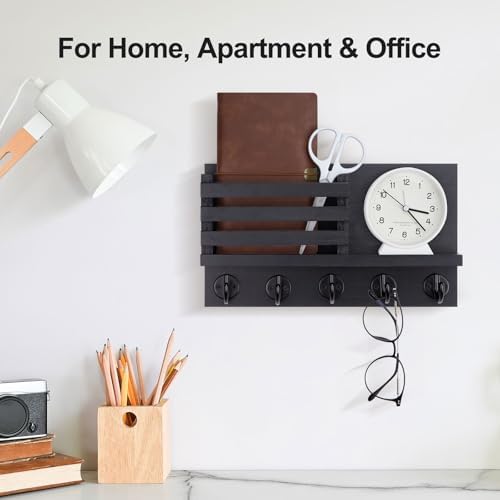 Lwenki Key Holder for Wall – Decorative Wooden Mail Holder and Key Shelf with Mounting Hardware, Installation Guide – Paulownia Wood with Metal Key Hooks (Black, Large - 11.8inch) - Image 5