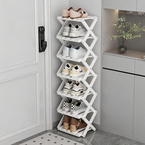 Vertical Narrow Shoe Rack White, 7 Tier Portable Folding Shoe Storage Rack, Without Installation Free Standing Shoe Rack for Corridors, Bedrooms Living Room Corner and Small Spaces by Akloya