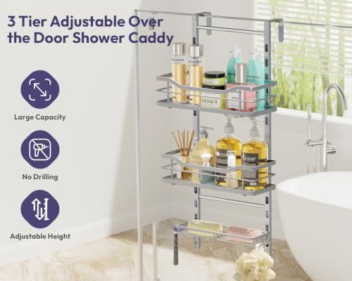 SWTYMIKI Over the Door Shower Caddy - 3 Tier Adjustable Shower Organizer Hanging with Soap Holder, No Drilling Stainless Steel Bathroom Rack Hanging for Body Wash, Shampoo, Soap, Razor, Silver - Image 2