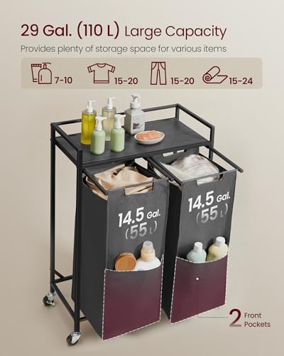 VASAGLE Laundry Sorter 2 Section, Rolling Cart with Shelf 29 Gal. (110 L) - Image 3