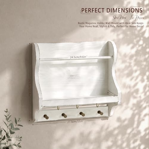 Pine Wood Mail Organizer Wall Mount with 7 Hooks for Home Decor, Whitewash - Image 2