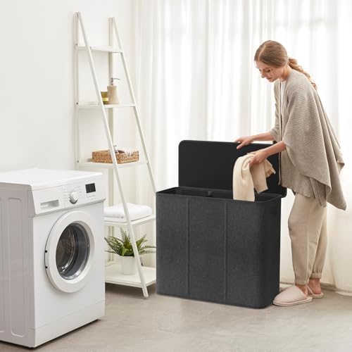 Lifewit Triple Laundry Hamper with Lid, Removable Laundry Bags, Dark Gray - Image 6