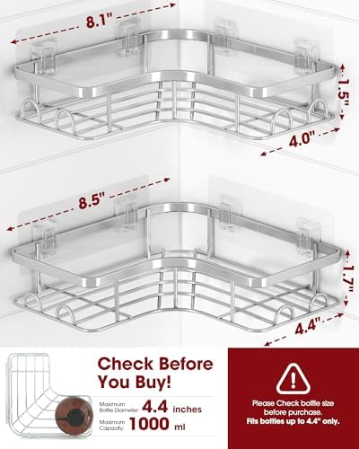Sakugi Corner Shower Caddy - 2 Pack, Adhesive Shower Organizers, Rustproof Stainless Steel Shower Shelves with 8 Hooks, No Drilling Bathroom Organizers and Storage Racks, Space-Saving, Silver, Medium - Image 2