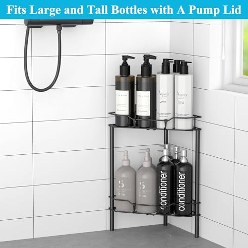 HuggieGems Metal Floor Standing Corner Shower Caddy, Matt Black, 2 Tier - Image 4