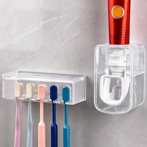 5 Slots Wall Mount Toothbrush Holder with Cover, Self Adhesive Tooth Brush Storage Organizer for Shower Bathrooms, Toothbrush Stand with Automatic Toothpaste Squeezer Dispenser by LUEXBOX