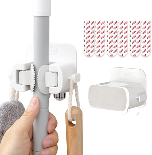 TAILI Mop and Broom Holder Wall Mount Grippers, 2 Hangers and 6 Adhesive Strips, Damage Free Hanging Wall Mount, Household Cleaning Organizer for Organization and Storage, Holds up to 4 lbs, White by TAILI