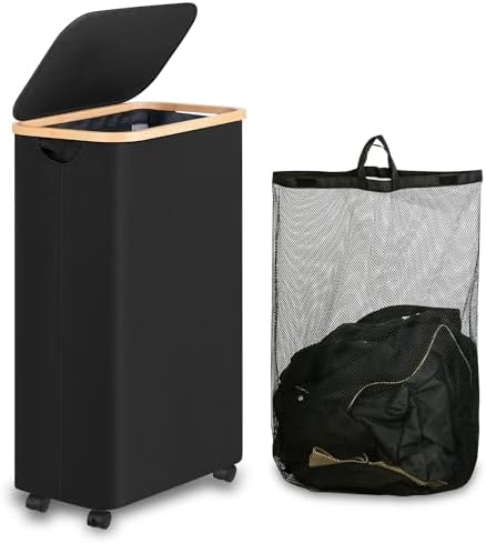iEGrow 75L Slim Laundry Hamper with Wheels,Clothes Hamper for Laundry,Laundry Basket with Lid & Inner Bag,for Laundry Room, Bedroom, Dormitory Organization,Black by iEGrow