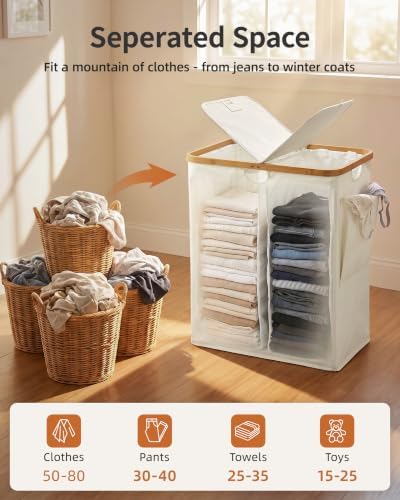 MIZATTO 140L Laundry Hamper with Lid, 2 Section Dirty Laundry Bin - Image 2