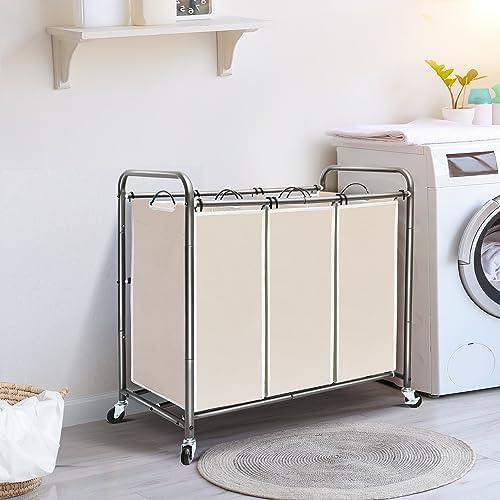 STO STO Laundry Sorter 3 Section, 3 Bag Clothes Hamper, Rolling Laundry Cart Basket with Heavy Duty Lockable Wheels and Removable Bag for Laundry Room, Bedroom, Closet, Beige - Image 7