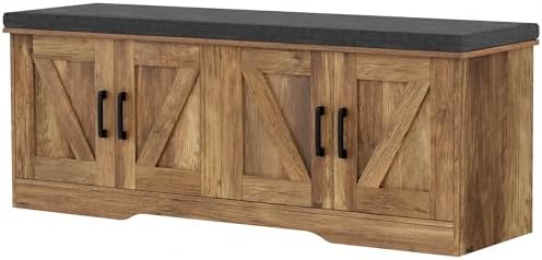 HOMSHO Farmhouse Shoe Storage Bench with 4 Barn Doors & Padded Seat Cushion by HOMSHO