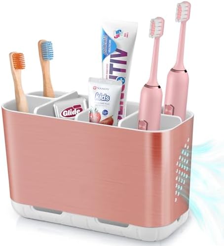 Boperzi Toothbrush Holders for Bathrooms Countertop, Electric Tooth Brush Holder with Adjustable Dividers, Detachable Anti-Slip Large Toothpaste Caddy Organizer Storage for Shower, Family, Kids, Pink by Boperzi
