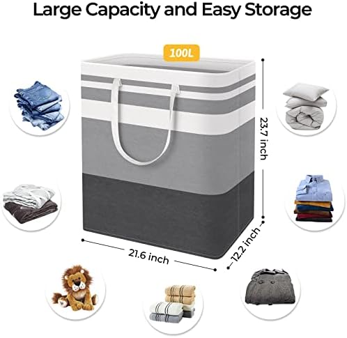 HomeHacks 2 Pack Laundry Baskets, Laundry Hampers Bags (Grey+Blue 100L) | Waterproof, Freestanding, Collapsible Clothes Hamper with Reinforced Handles in Laundry Room, Dorm, Bathroom, Bedroom - Image 4