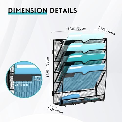 5-Tier Wall File Organizer and Mail Organizer with 5 Hooks, Black - Image 3