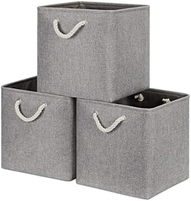 Bidtakay Grey Baskets Foldable Storage Cube Bins 13x13x13 Cube Storage Organizer Closet Set of 3 Fabric Storage Baskets for Home Office Large Baskets for Nursery Baby Toy Storage by BidtakayBaskets