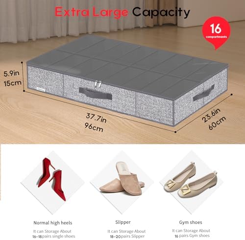 Onlyeasy Sturdy Under Bed Shoe Storage Organizers with Handles & Clear Window (16 to 32 Pairs) 2 Pack, Closet Shoes Containers Boxes for Kids & Adults, 37.7"x23.6"x5.9", Linen-like Grey, MXDUBS16P2 - Image 2