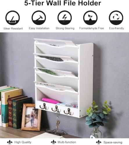 PAG-Mass 5-Tier Wall File Holder Hanging Mail Organizer Wood Magazine Literature Rack with 6 Hooks, White - Image 5