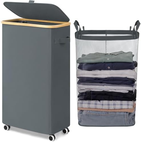 Goodpick 75L Rolling Laundry Basket with Wheels and Lid, Gray by Goodpick