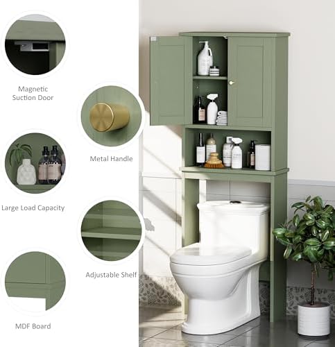 Over the Toilet Storage Cabinet, Bathroom Storage Organizer Over Toilet, Space Saver W/Adjustable Shelf & Open Shelf, Green - Image 6