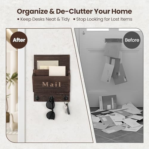 Mail and Key Holder, Wall Key Holder with 2 Mail Organizer Slot and 3 Hooks - Image 2