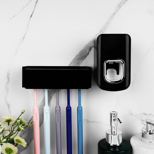5 Slots Wall Mount Toothbrush Holder with Cover, Self Adhesive Toothbrush Storage Organizer for Shower, Toothbrush Hanger with Automatic Toothpaste Squeezer Dispenser(Black) - Image 4