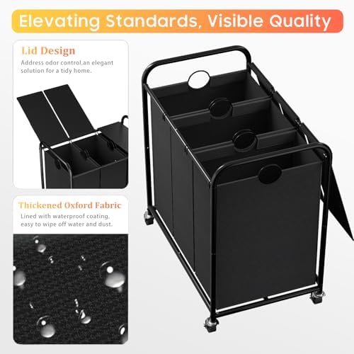 180L Laundry Sorter 3 Section, Rolling Laundry Basket with Wheels and Lid - Image 4