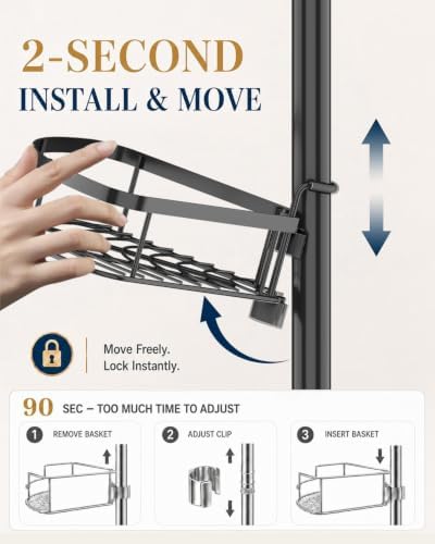 SEIRIONE Rustproof Shower Corner Caddy Organizer for Bathroom, 4-Tier Adjustable Bathroom Shelf with Tension Pole, Solid Rack Ideal for Bathtub Storage, 34 to 116 Inch Height, Black - Image 2
