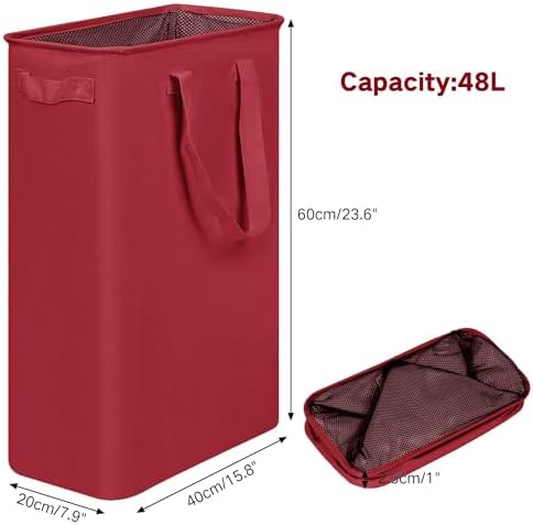 efluky Slim Laundry Basket, Narrow Laundry Hamper with Handles, Collapsible Dirty Clothes Hamper, Tall Laundry Bin for Laundry Room, Dorm and Bedroom, 48L (12.7 Gallon) Burgundy Red - Image 2
