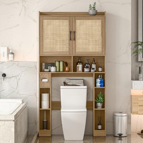 Vabches Over The Toilet Storage Cabinet with Barn Doors, Rattan Oak - Image 7