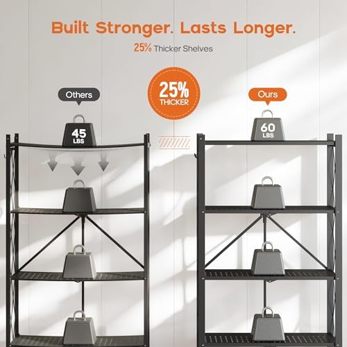 Fenbeli Foldable Shelves with Wheels - 5 Tier Folding Shelf, Collapsible No Assembly Metal Shelving Unit, Origami Storage Shelves & Rolling Storage Rack with 8 Hooks for Kitchen Pantry Garage - Image 4