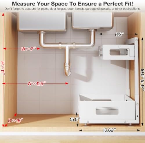 1 Pack Under Sink Organizer,Pull Out Cabinet Organizer With Smooth Cylindrical Rail,Metal Slide Out Drawer for Kitchen Bathroom Laundry Cabinet,8-Level Tool Free Height Adjustable-White - Image 2