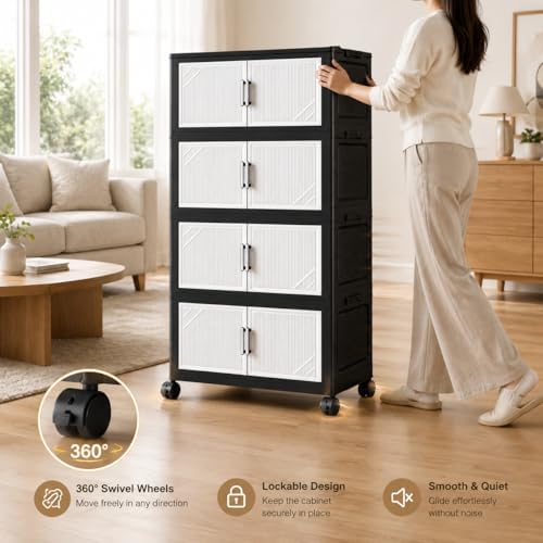 3 Tier Foldable Storage Cabinet with Wheels and Magnetic Doors - Image 4